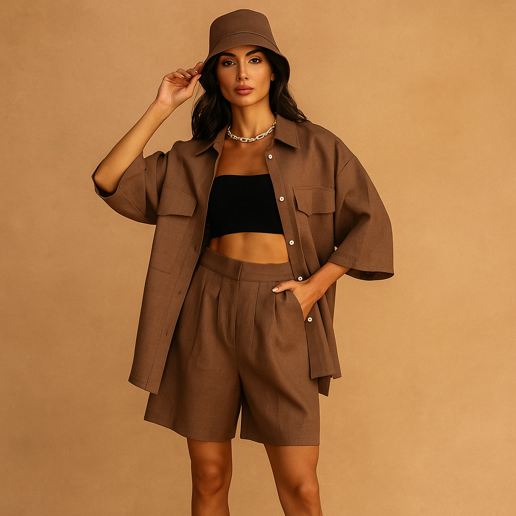 Ensemble femme chemise et short en lin avec chapeau - Anja