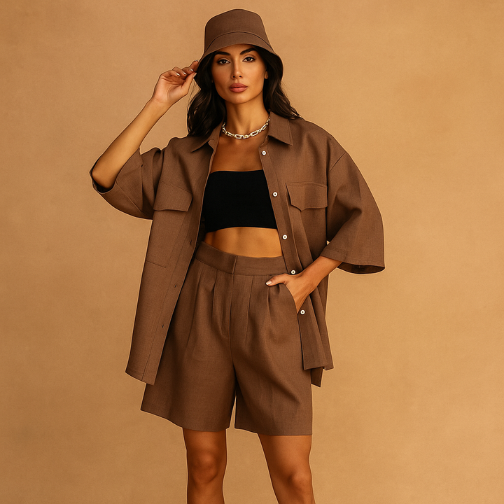 Ensemble femme chemise et short en lin avec chapeau - Anja