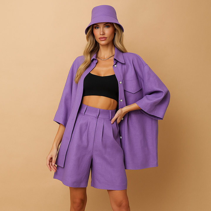 Ensemble femme chemise et short en lin avec chapeau - Anja