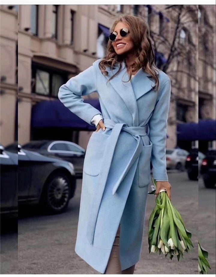 Serena - Manteau en laine pour femme avec revers et ceinture à nouer