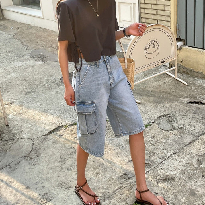 Short en jean pour femme avec poches cargo style baggy - Elina