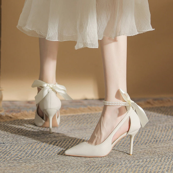Chaussures à talons en satin avec bracelet en perles pour femmes - Bleu clair