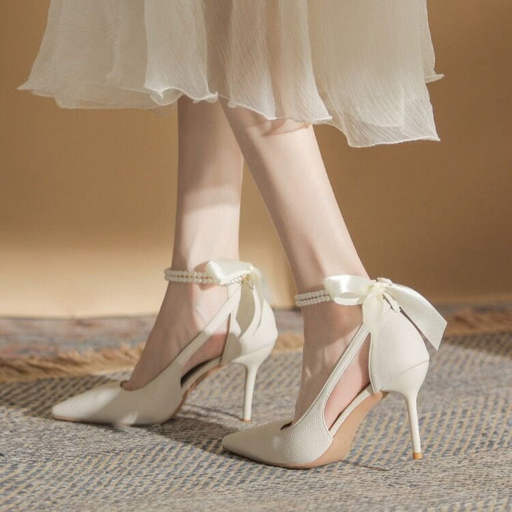 Chaussures à talons en satin avec bracelet en perles pour femmes - Bleu clair