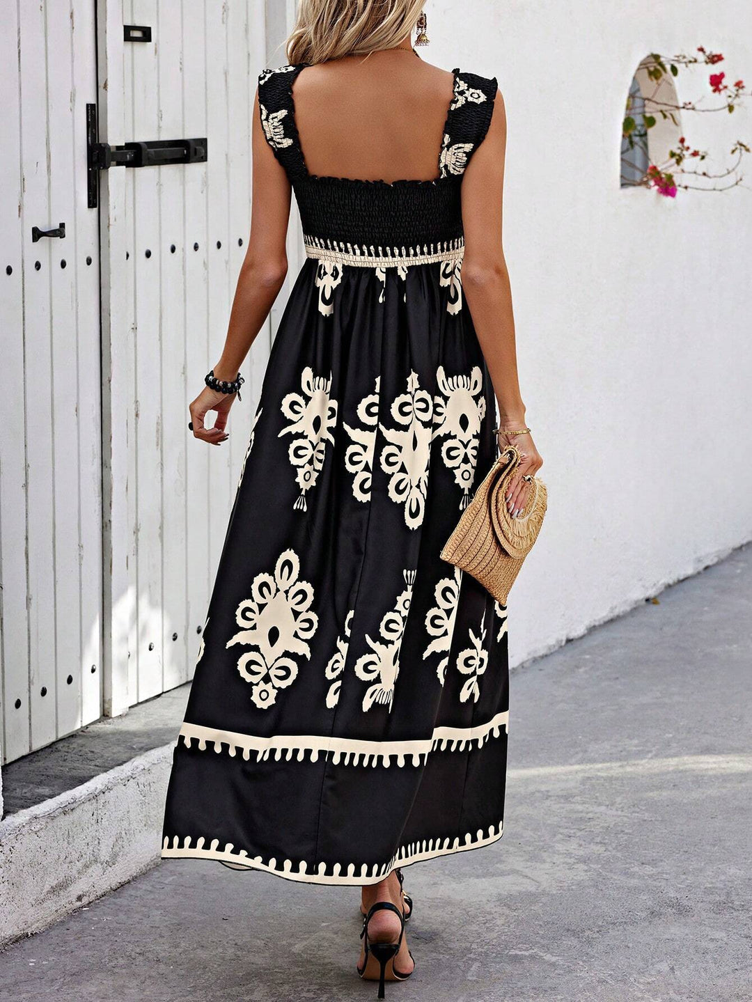 Robe longue à imprimé bohème pour femme, bretelles de plage beiges et noires - Zahara