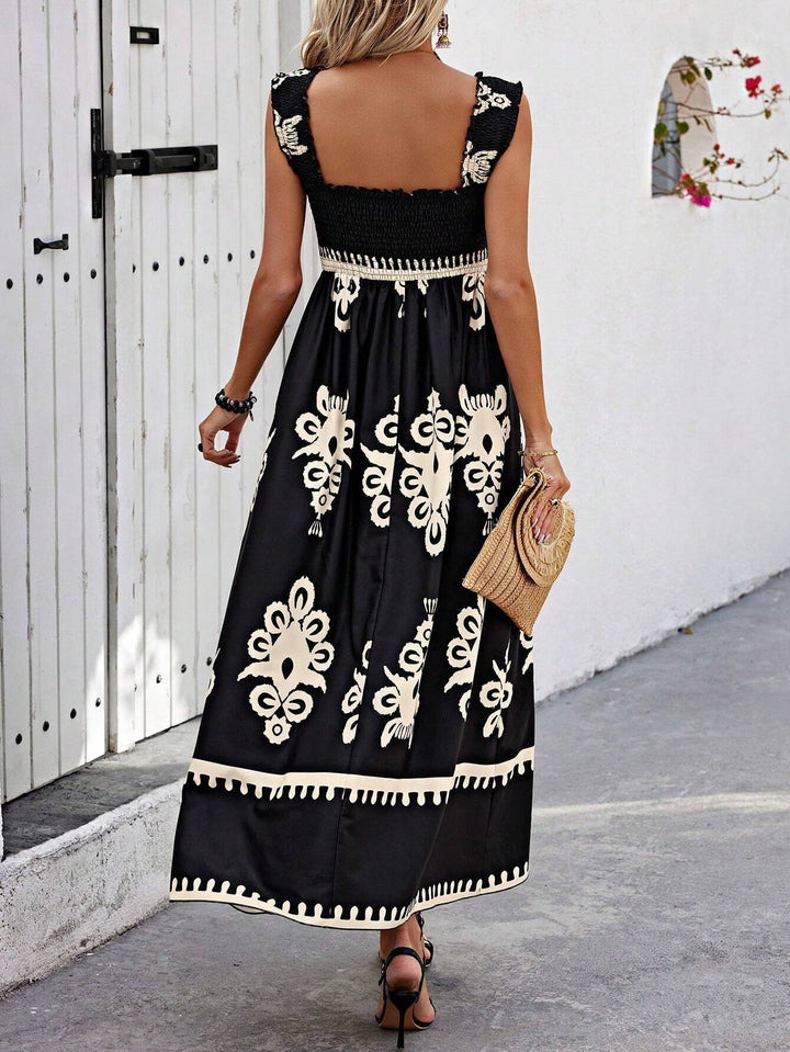 Robe longue à imprimé bohème pour femme, bretelles de plage beiges et noires - Zahara