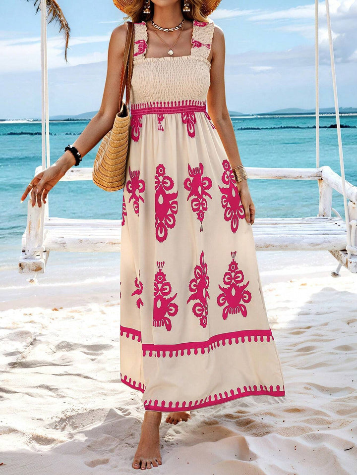 Robe longue à imprimé bohème pour femme, bretelles de plage beiges et noires - Zahara