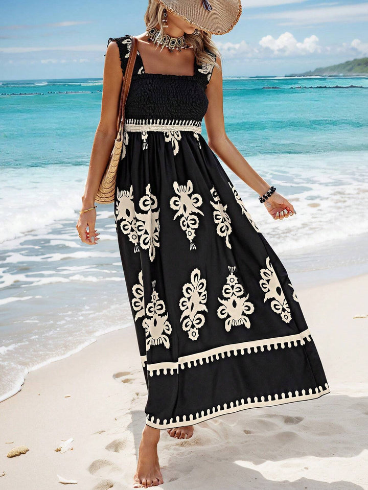 Robe longue à imprimé bohème pour femme, bretelles de plage beiges et noires - Zahara
