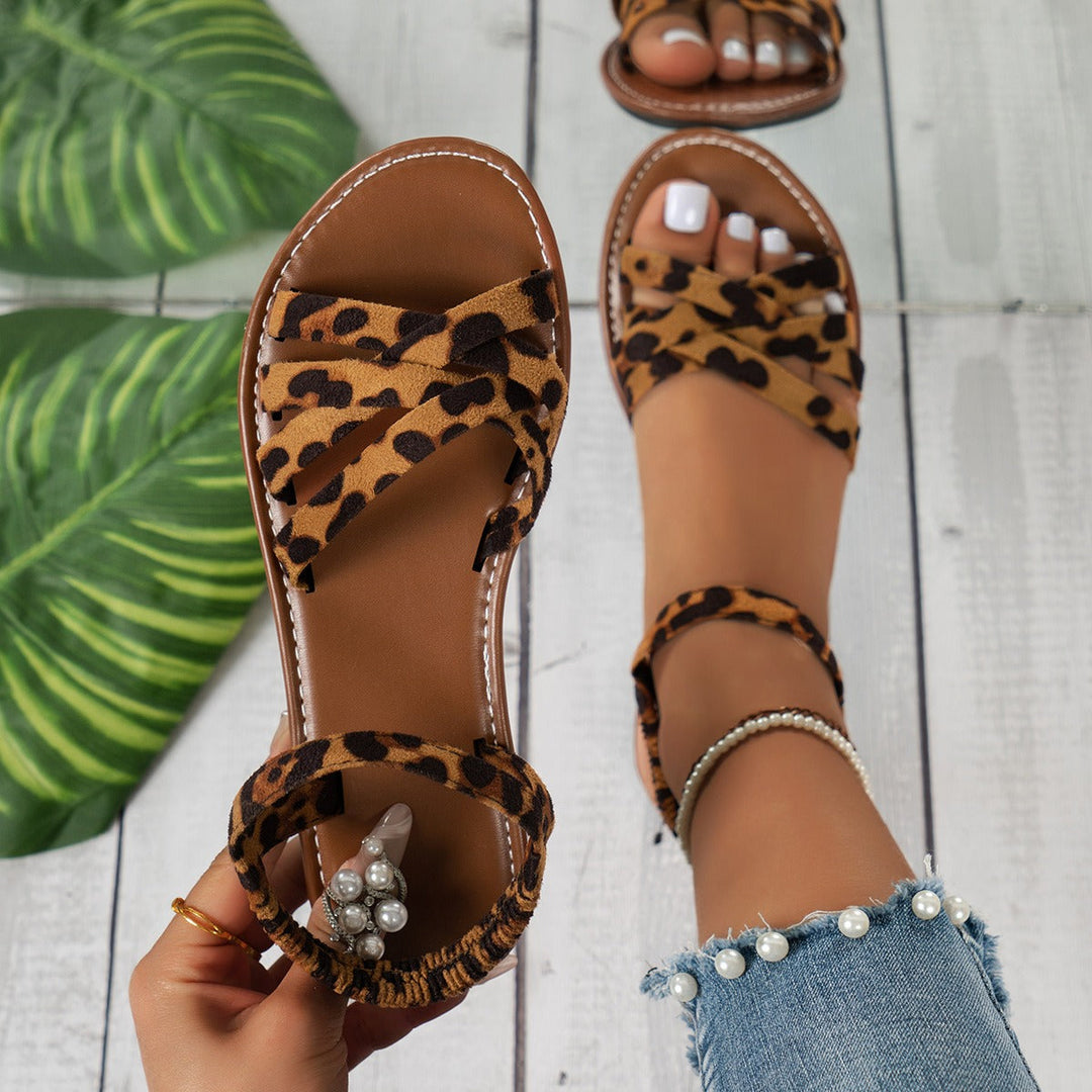 Sandales plates pour femmes avec brides croisées à motif léopard - Leira