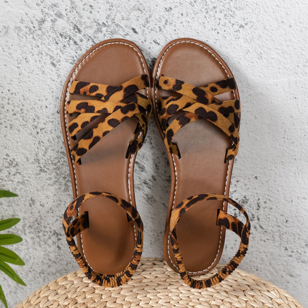 Sandales plates pour femmes avec brides croisées à motif léopard - Leira