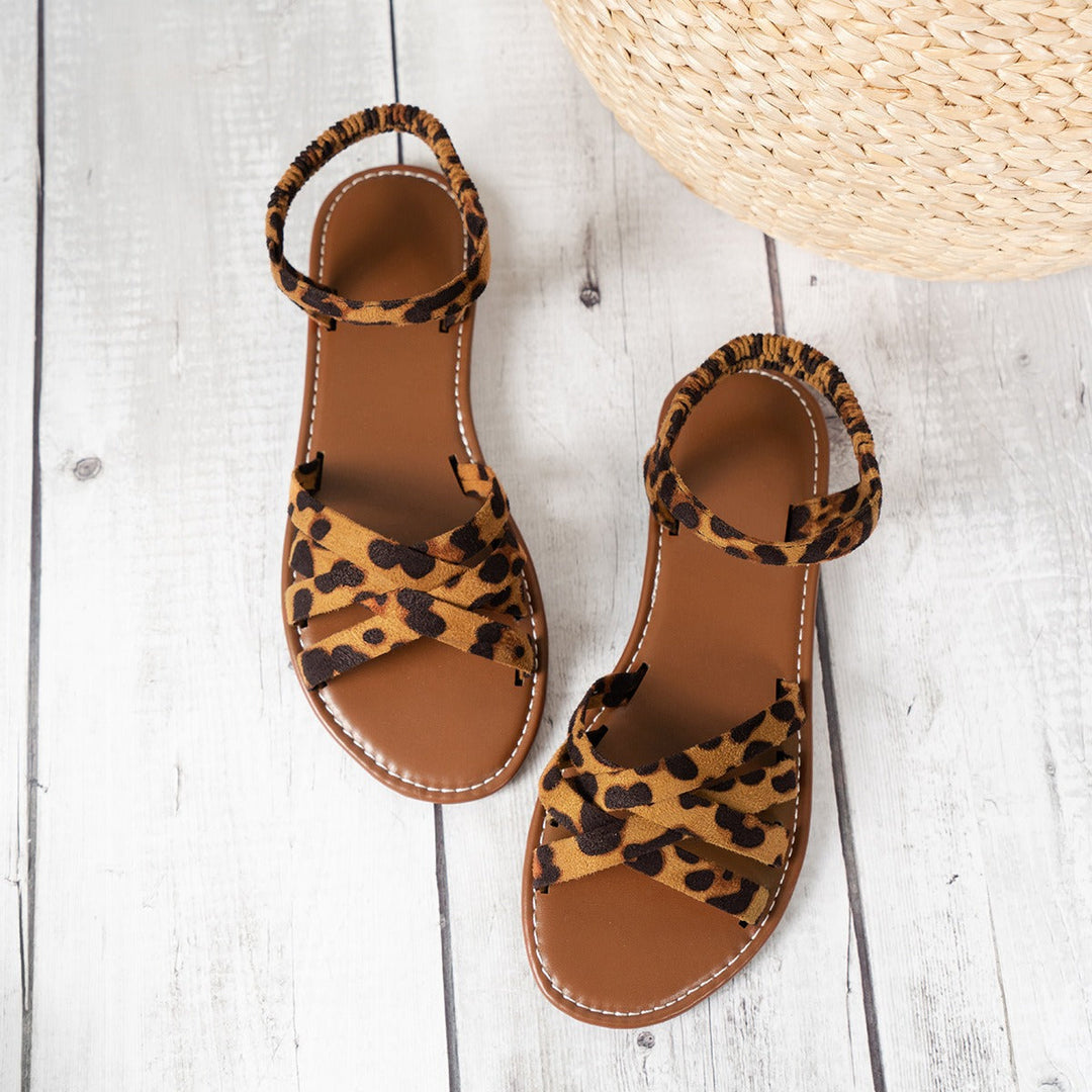 Sandales plates pour femmes avec brides croisées à motif léopard - Leira