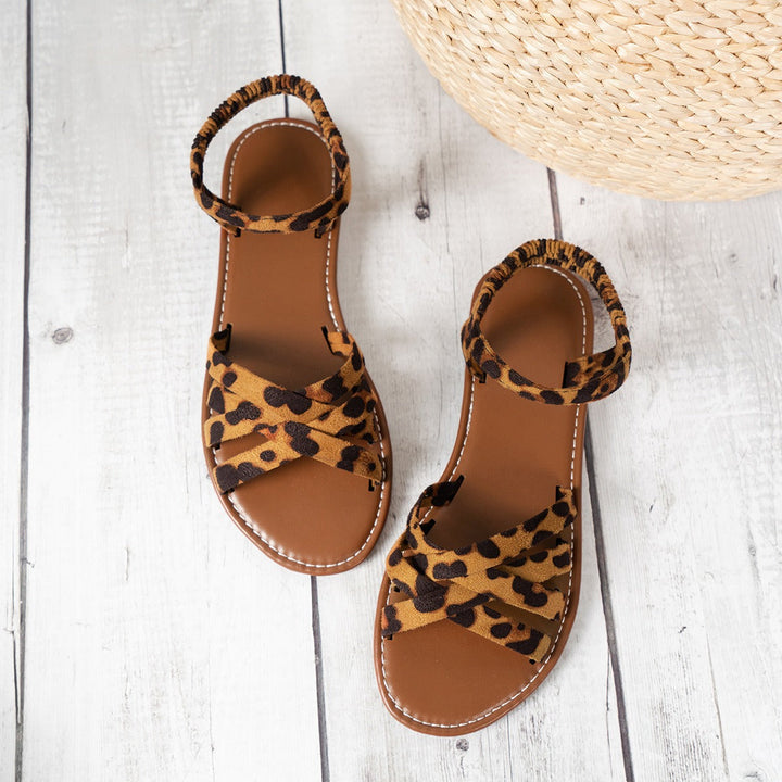 Sandales plates pour femmes avec brides croisées à motif léopard - Leira
