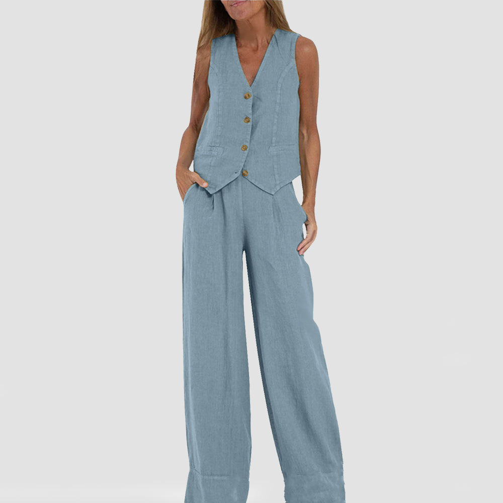 GracefulEase - Simple Elegant Linen Vest and Wide Trousers Set (Ensemble gilet et pantalon large en lin)