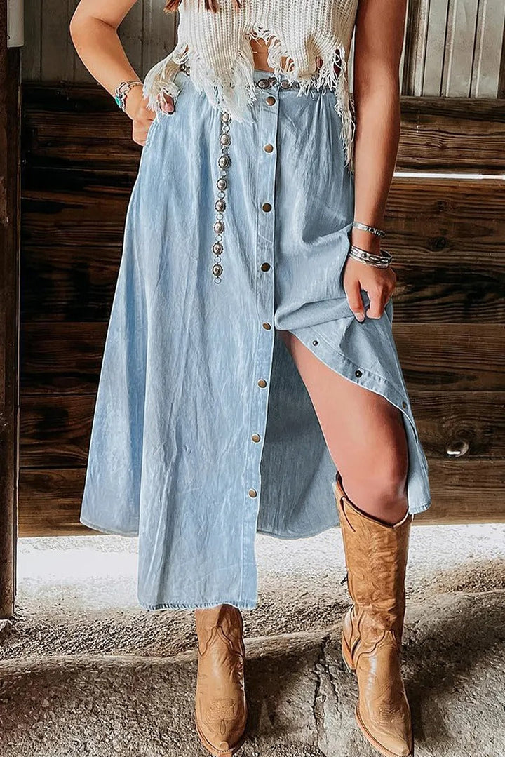 Jupe longue pour femme avec boutons en denim bleu sur le devant - Mairena