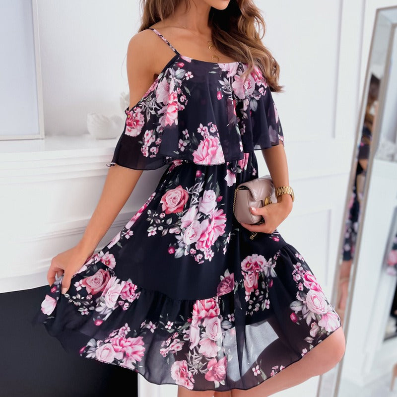 Robe courte en mousseline de soie florale à volants et épaules dénudées pour femme - Emilia