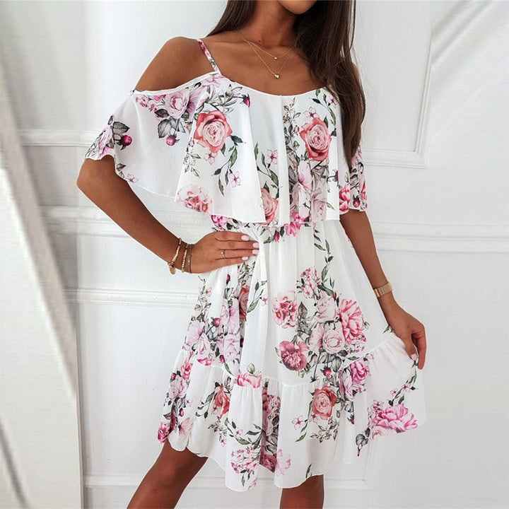 Robe courte en mousseline de soie florale à volants et épaules dénudées pour femme - Emilia