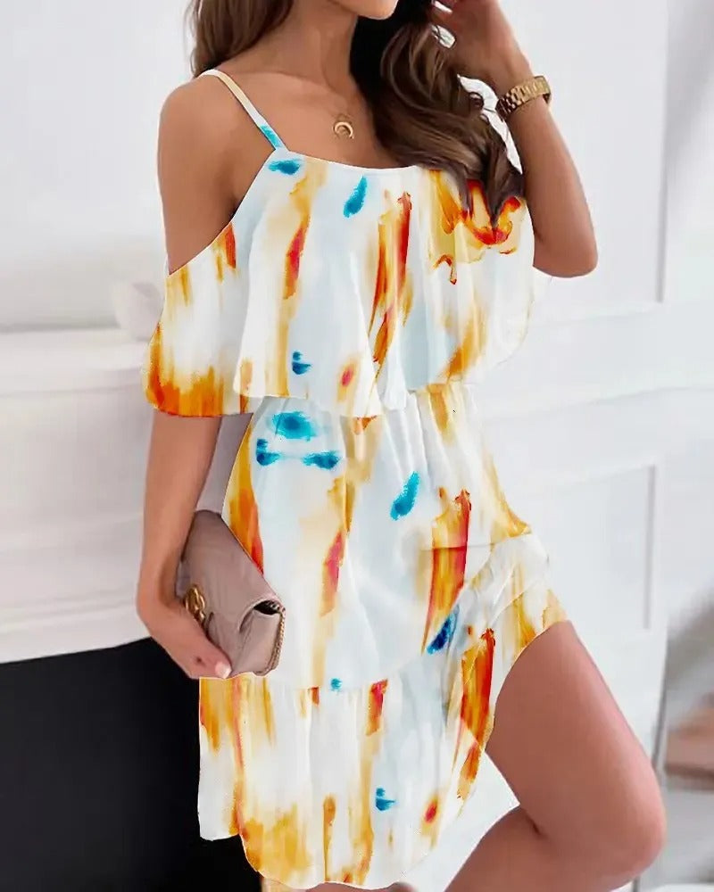 Robe courte en mousseline de soie florale à volants et épaules dénudées pour femme - Emilia