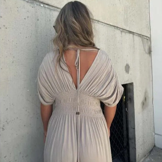 Robe longue à col en V et taille froncée pour femme - Renata