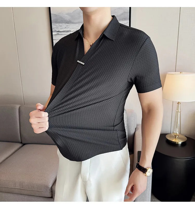 Polo homme style britannique texture gaufrée noir élégant - Lionel