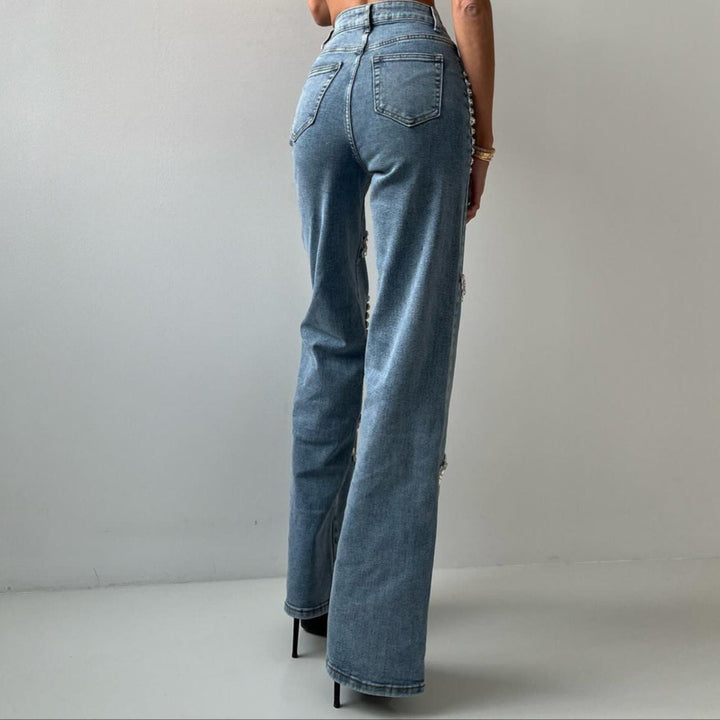 Jean pour femme avec strass décoratifs coupe droite - Eloísa