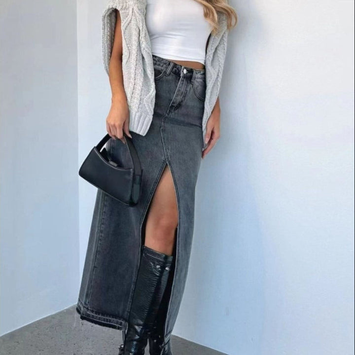 Jupe longue taille haute en denim avec fente au dos - Emilie