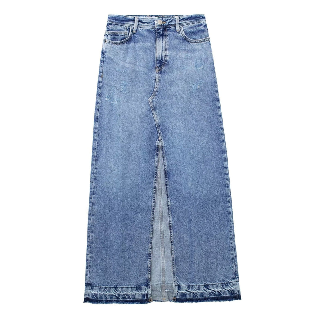 Jupe longue taille haute en denim avec fente au dos - Emilie