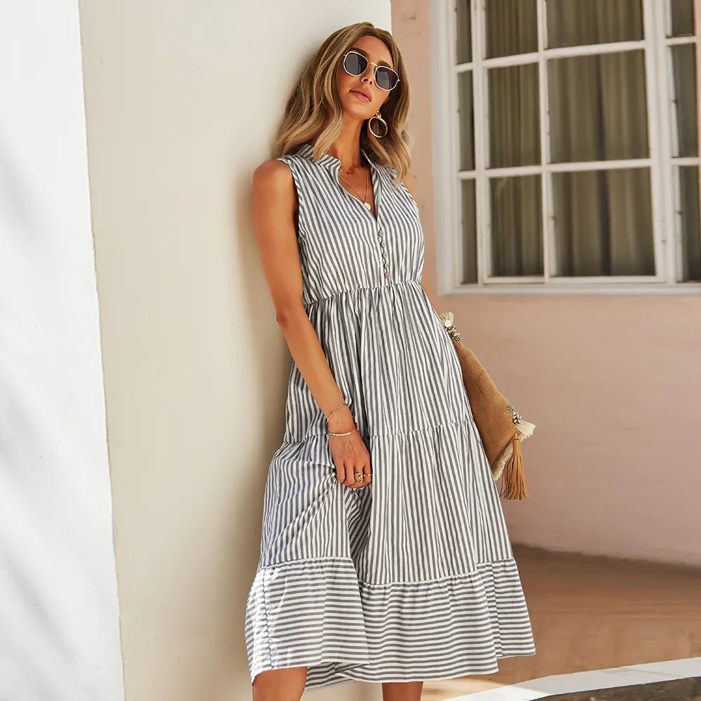 Robe midi sans manches pour femmes, style chemise rayée - Estela