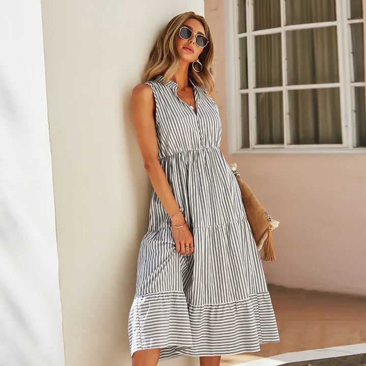 Robe midi sans manches pour femmes, style chemise rayée - Estela