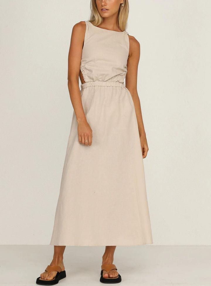 Robe midi femme avec fentes latérales, coton lin noir - Camila