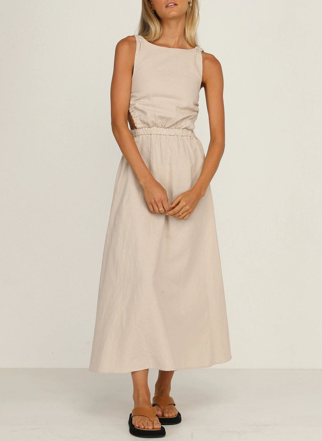 Robe midi femme avec fentes latérales, coton lin noir - Camila