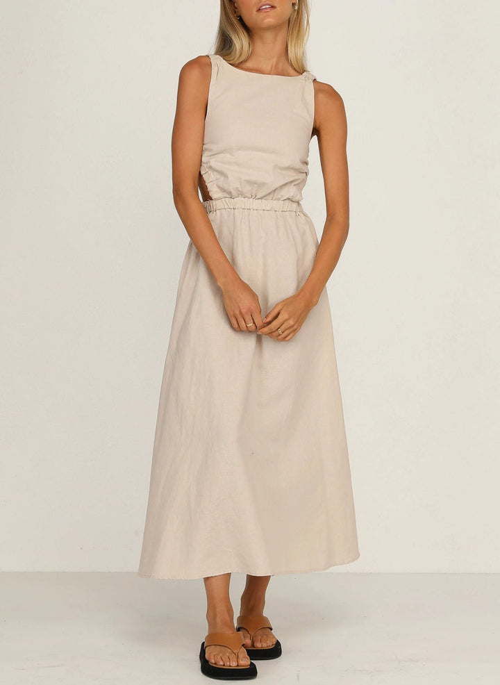 Robe midi femme avec fentes latérales, coton lin noir - Camila