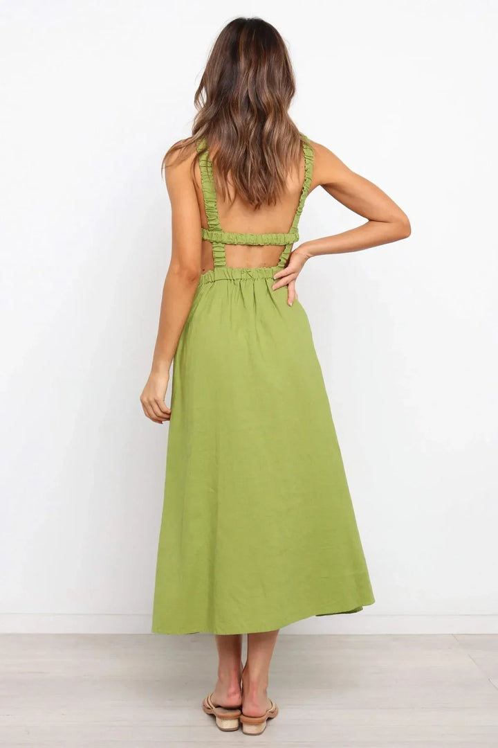 Robe midi femme avec fentes latérales, coton lin noir - Camila