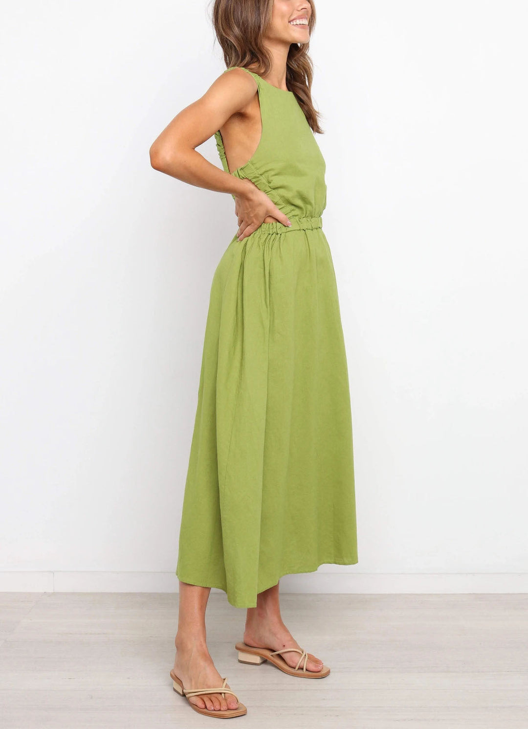 Robe midi femme avec fentes latérales, coton lin noir - Camila