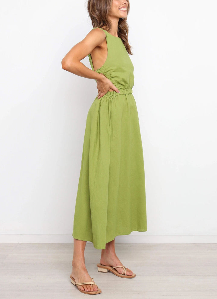 Robe midi femme avec fentes latérales, coton lin noir - Camila