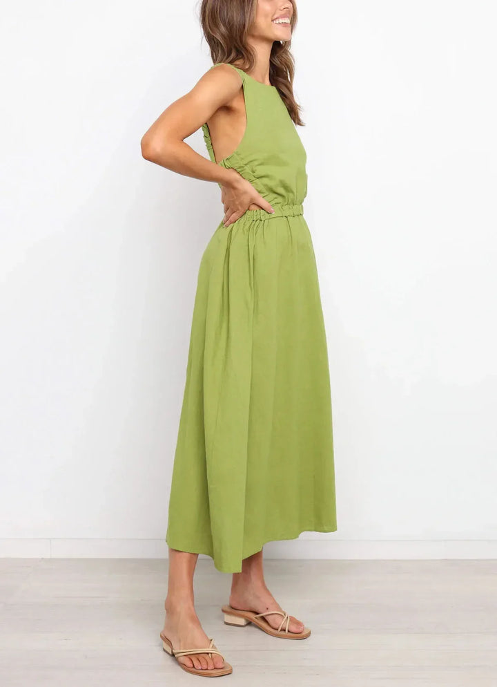 Robe midi femme avec fentes latérales, coton lin noir - Camila