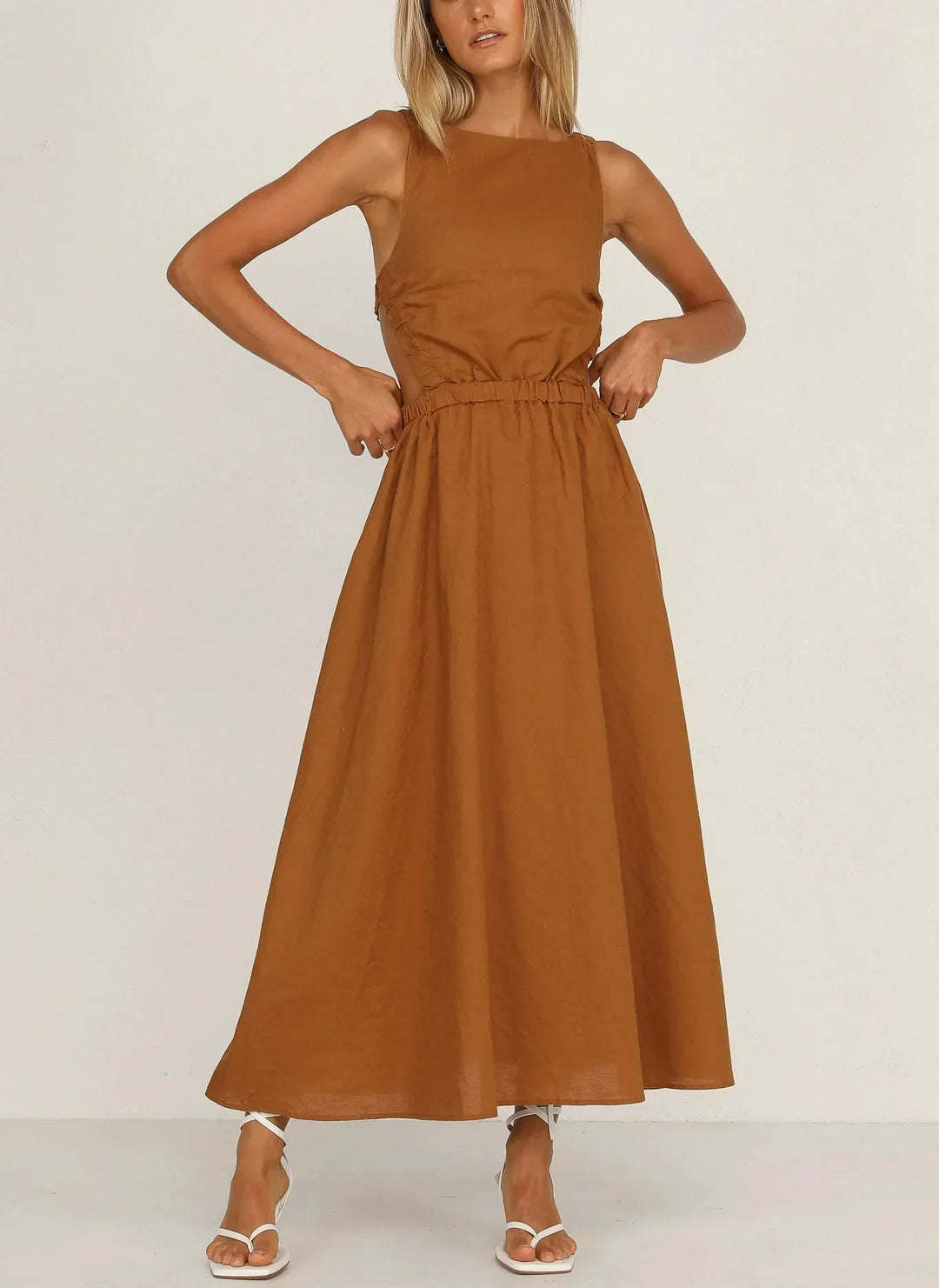 Robe midi femme avec fentes latérales, coton lin noir - Camila