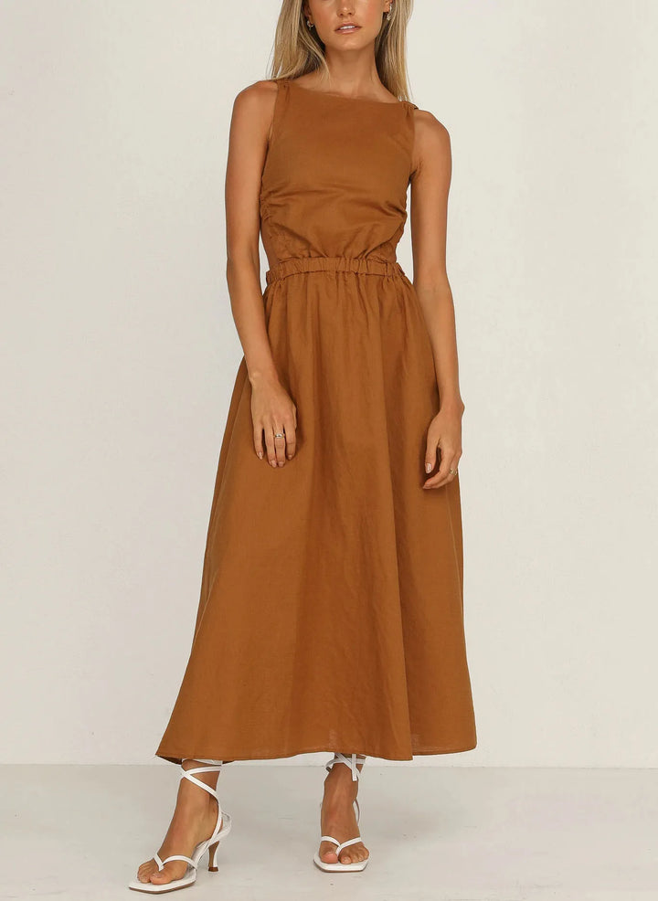 Robe midi femme avec fentes latérales, coton lin noir - Camila
