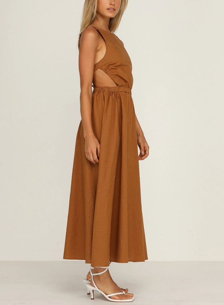 Robe midi femme avec fentes latérales, coton lin noir - Camila