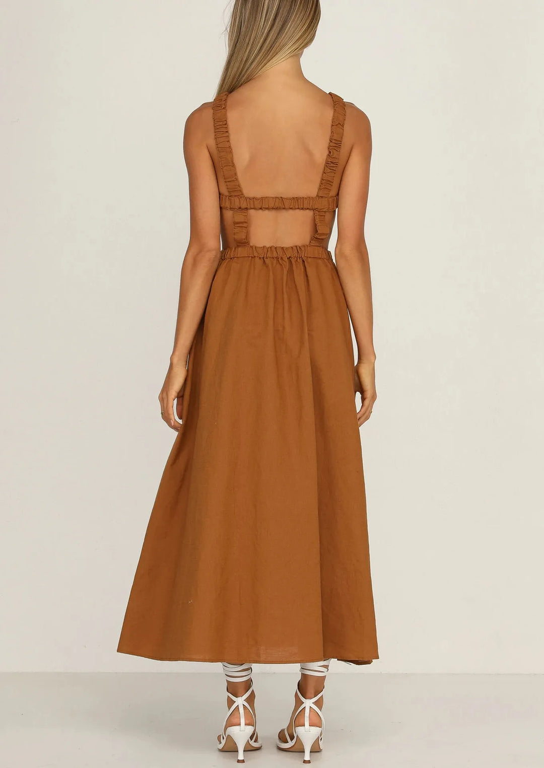Robe midi femme avec fentes latérales, coton lin noir - Camila