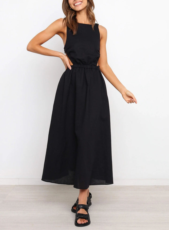Robe midi femme avec fentes latérales, coton lin noir - Camila