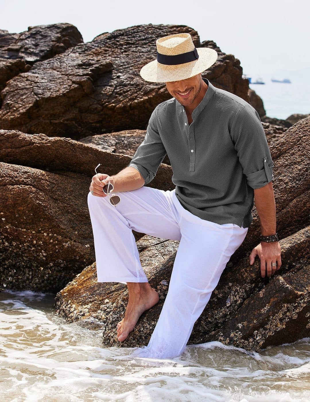 Chemise homme à col mao en coton léger style décontracté - Adrián