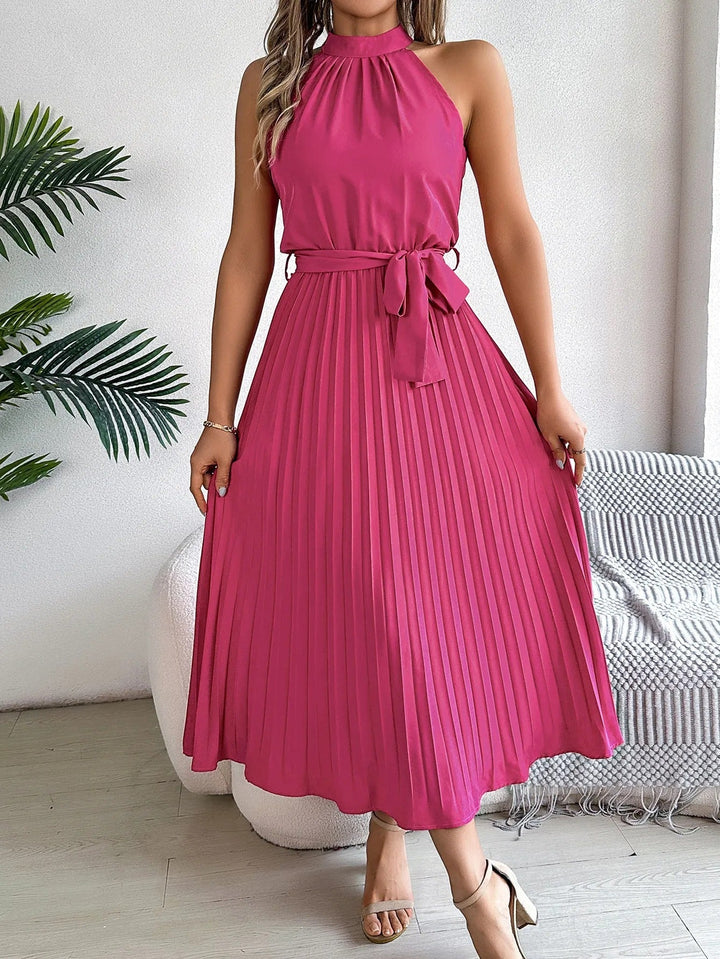 Robe midi plissée sans manches à encolure licou pour femme - Camila