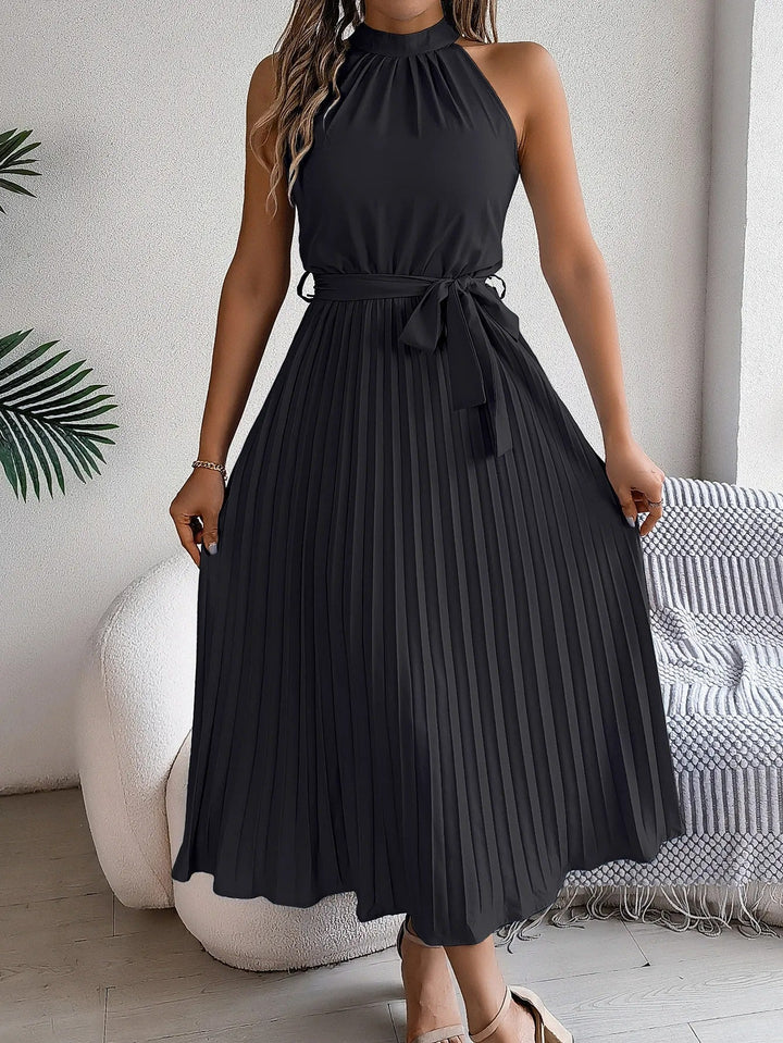 Robe midi plissée sans manches à encolure licou pour femme - Camila