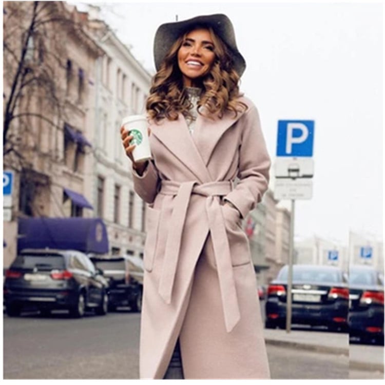Serena - Manteau en laine pour femme avec revers et ceinture à nouer