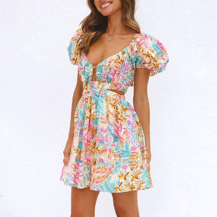 Robe courte à imprimé floral et encolure froncée - Valeria
