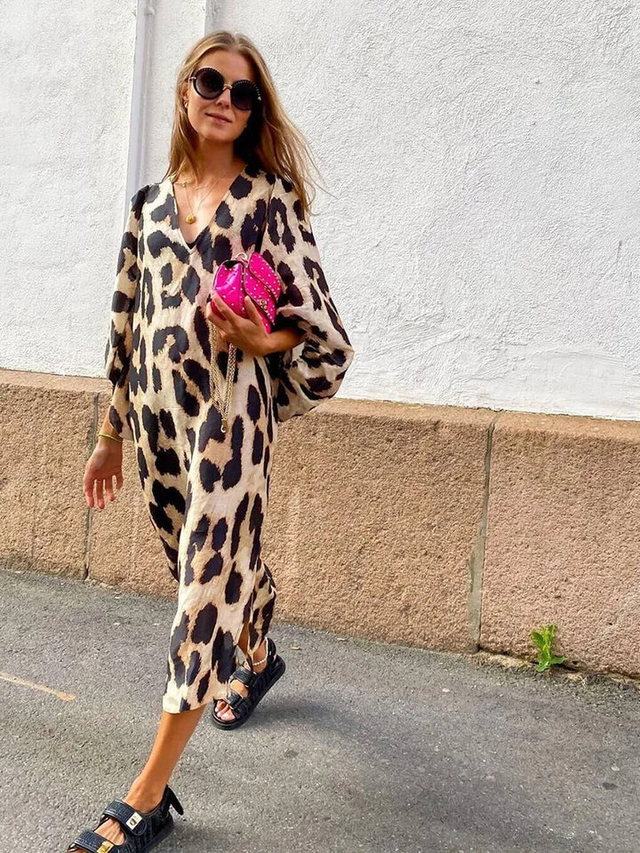 Robe midi à manches bouffantes à imprimé animalier pour femme - Renata