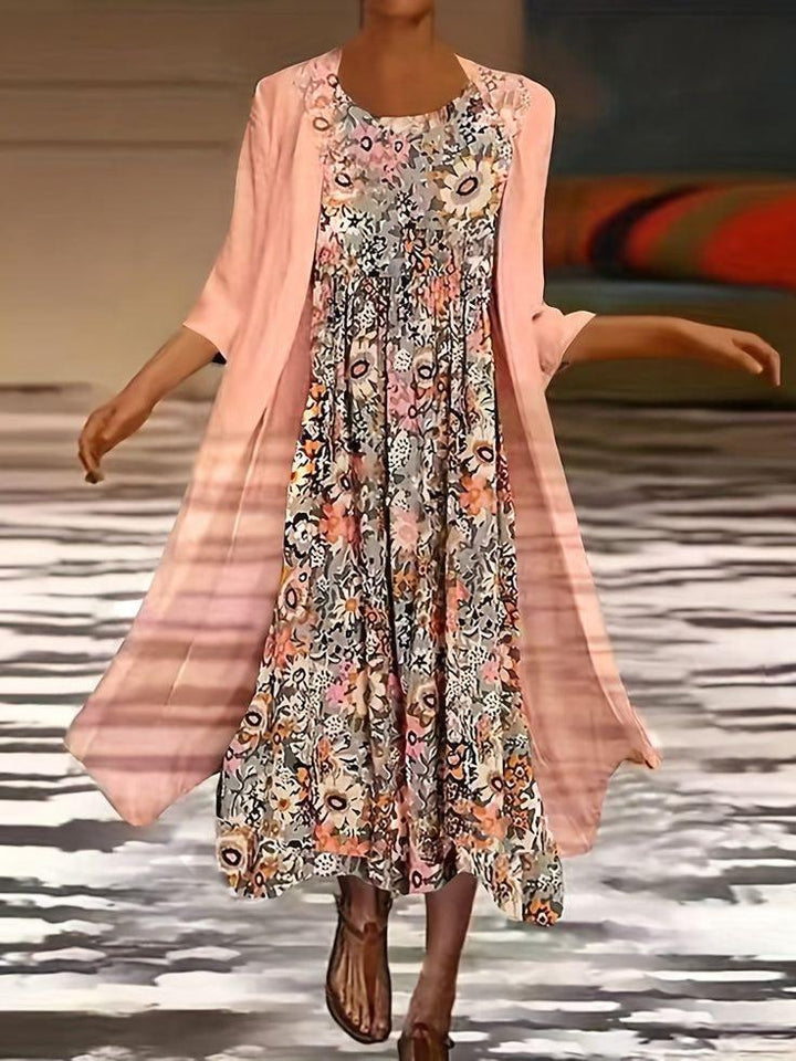 Robe midi rose avec vêtements d'extérieur