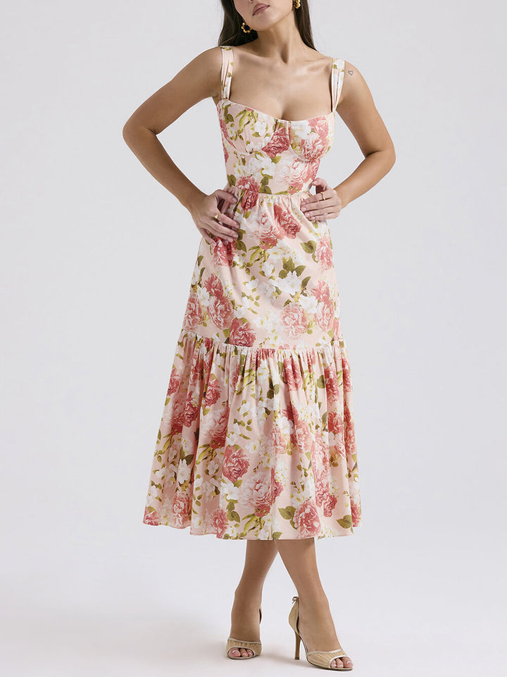 Fryda - Robe midi florale à dos nu style doux