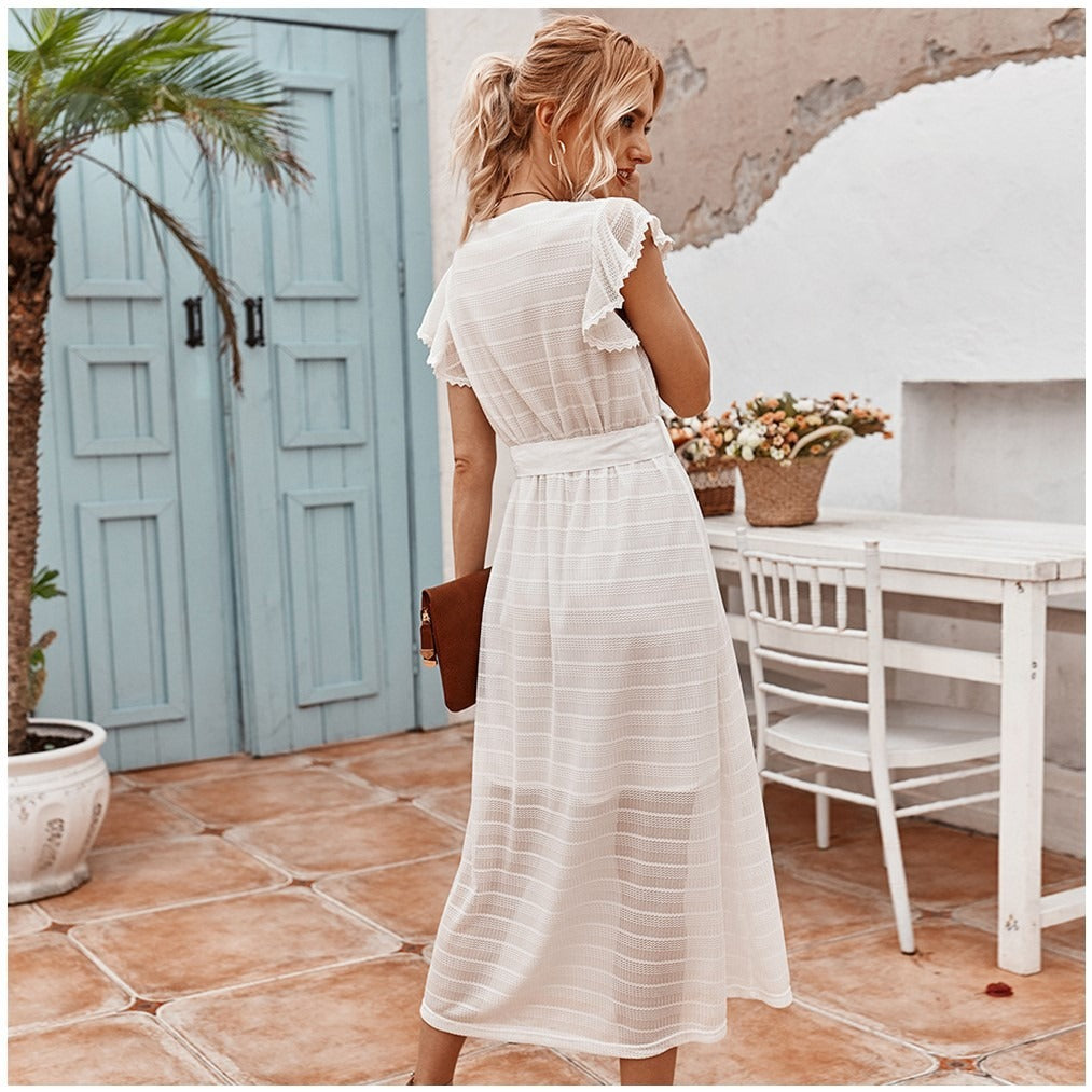 Robe midi femme mousseline de soie texturée coupe évasée - Adriana