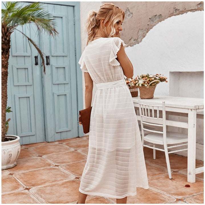Robe midi femme mousseline de soie texturée coupe évasée - Adriana