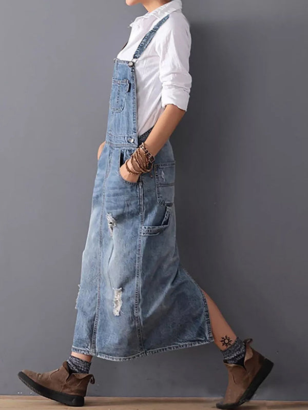 Robe à bavette en jean distressed avec fente dans le dos - Lara